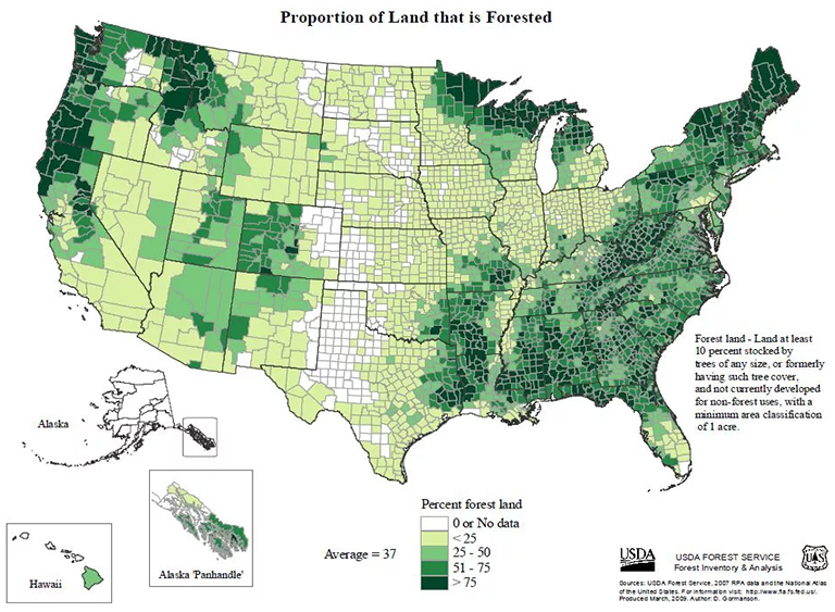 美國各州和州按林木種植密度計(jì)算的林木密度