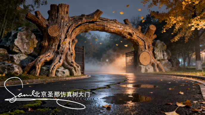 jimeng-2025-10-26-1700-這張圖片展示的是一處仿木景觀大門，屬于園林景觀造景的典型作品。 主體結(jié)構(gòu)：大門以....png