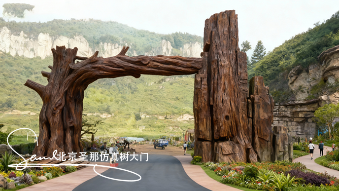 jimeng-2025-10-26-1872-一個主體顏色是自然暗棕色的仿樹樁造型的園林景觀入口，大門橫梁很厚重，整體迪士尼大....png
